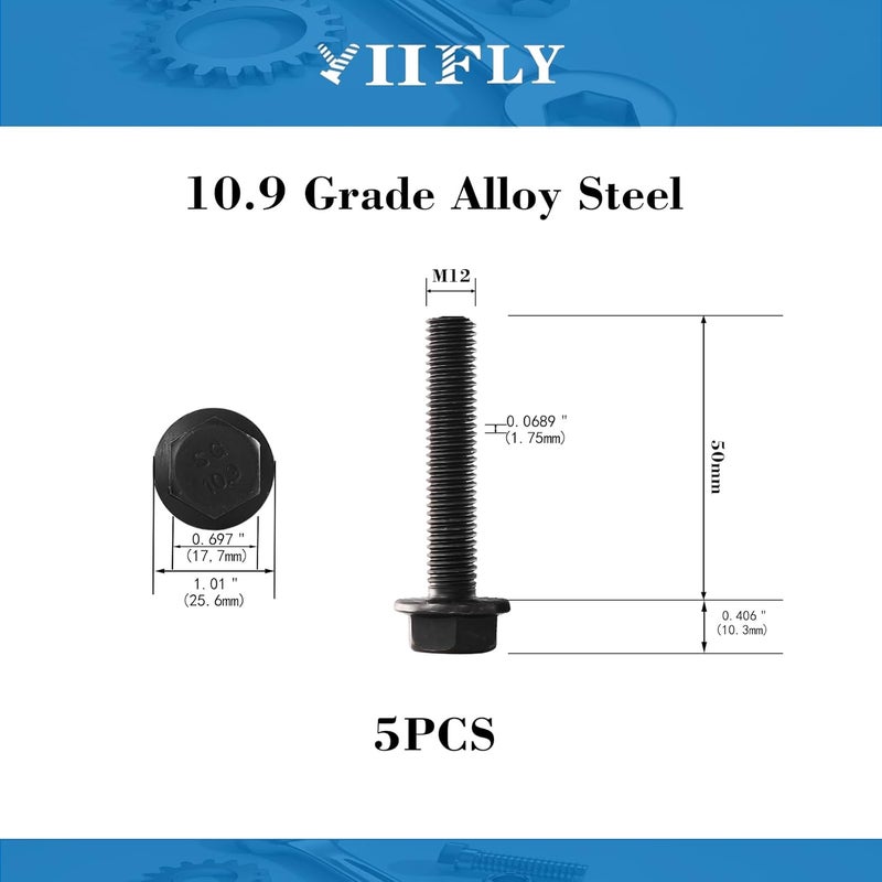 YIIFLY M12 x 50mm Flanged Hex Head Bolts Flange Hexagon Screws, M12x1.75 Bolt, 10.9 Grade Alloy Steel, Hexagon Head Bolts, Black Zinc Finish, Full Thread, Quantity 5 - Image 2